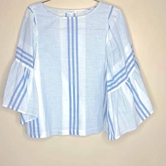 beachlunchlounge Tops - BeachLunchLounge | White Blue Striped Bat Wing Blouse | Casual Spring Summer